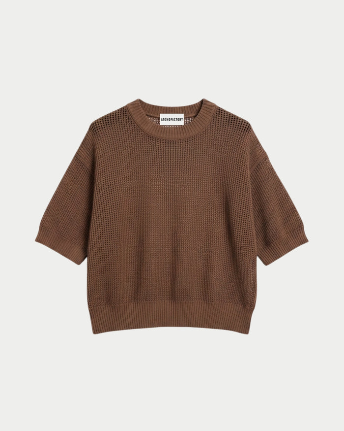 Crew neck short-sleeved perforated mesh top
