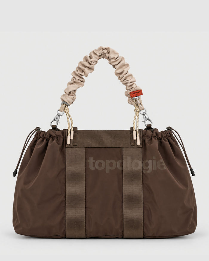 Wide Medium Cocoa Trenchcoat Tote Bag with Bungee Wrist Strap Warm Sand