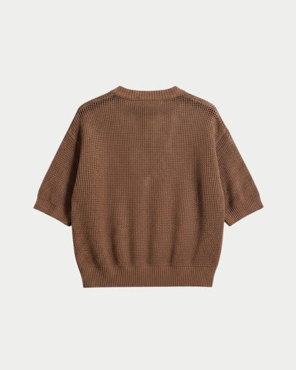 Crew neck short-sleeved perforated mesh top