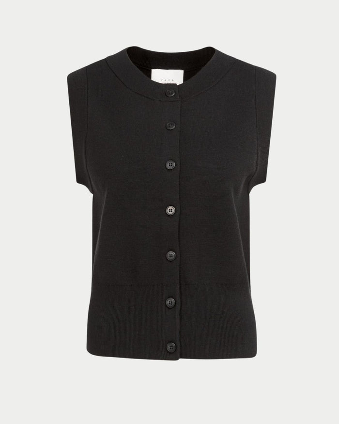 Cardigan smanicato in maglia fine con bottoni