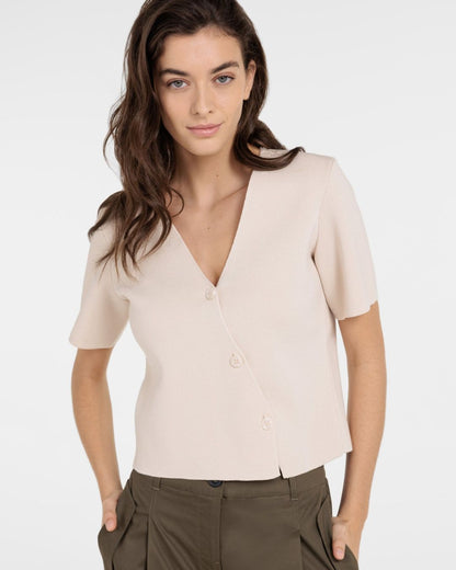 Top in maglia fine con scollo a V e chiusura asimmetrica