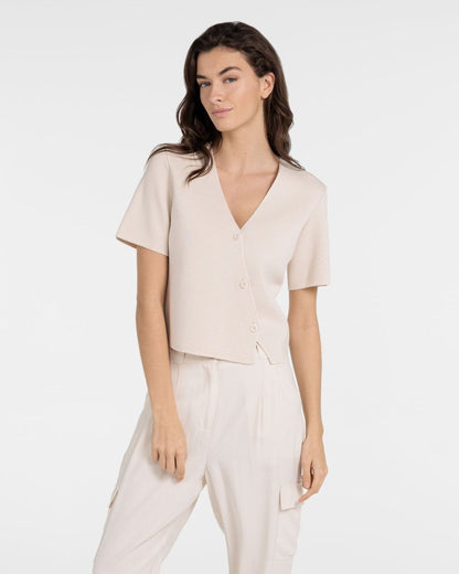Top in maglia fine con scollo a V e chiusura asimmetrica