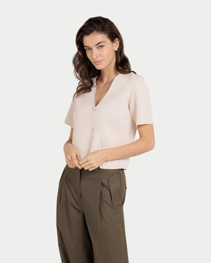 Top in maglia fine con scollo a V e chiusura asimmetrica