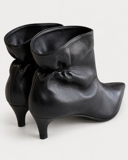 Pleated nappa leather ankle boot with medium heel