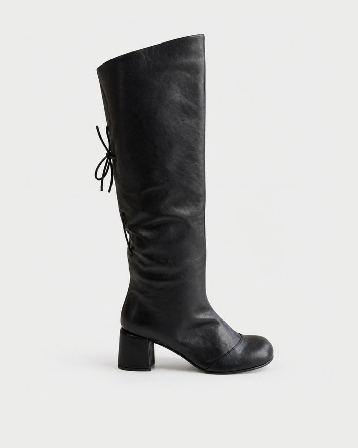 Black leather boot with a medium heel