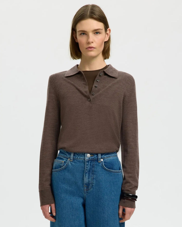 Polo in maglia di lana merino a maniche lunghe