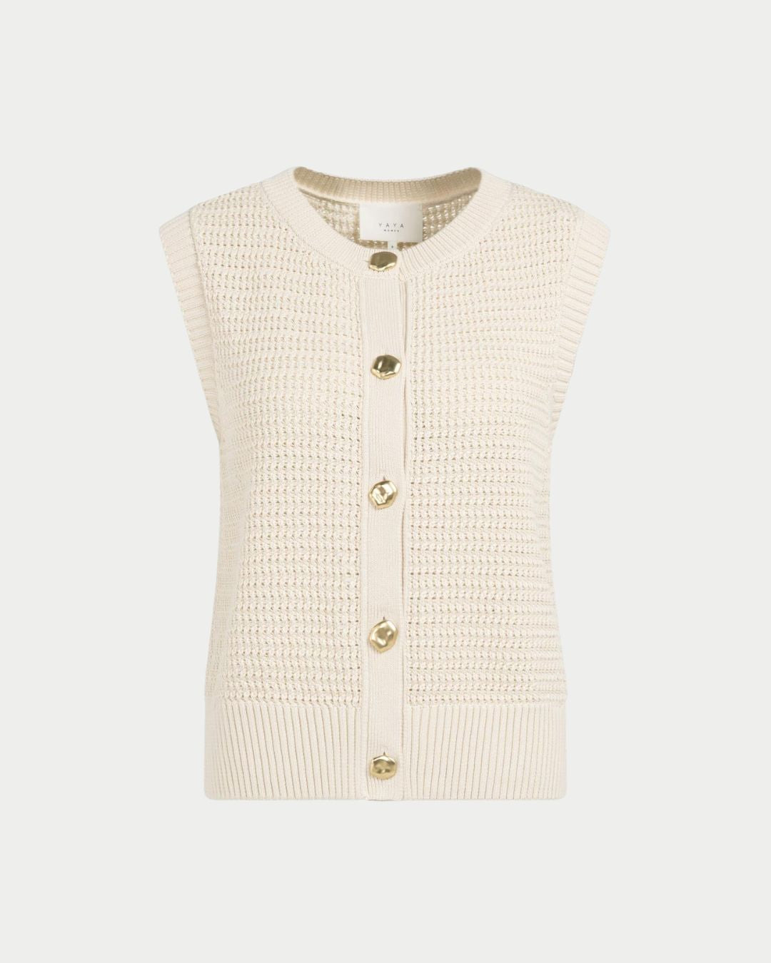 Top in cardigan smanicato in maglia bouclé con bottoni dorati