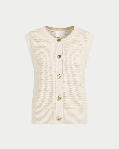 Top in cardigan smanicato in maglia bouclé con bottoni dorati