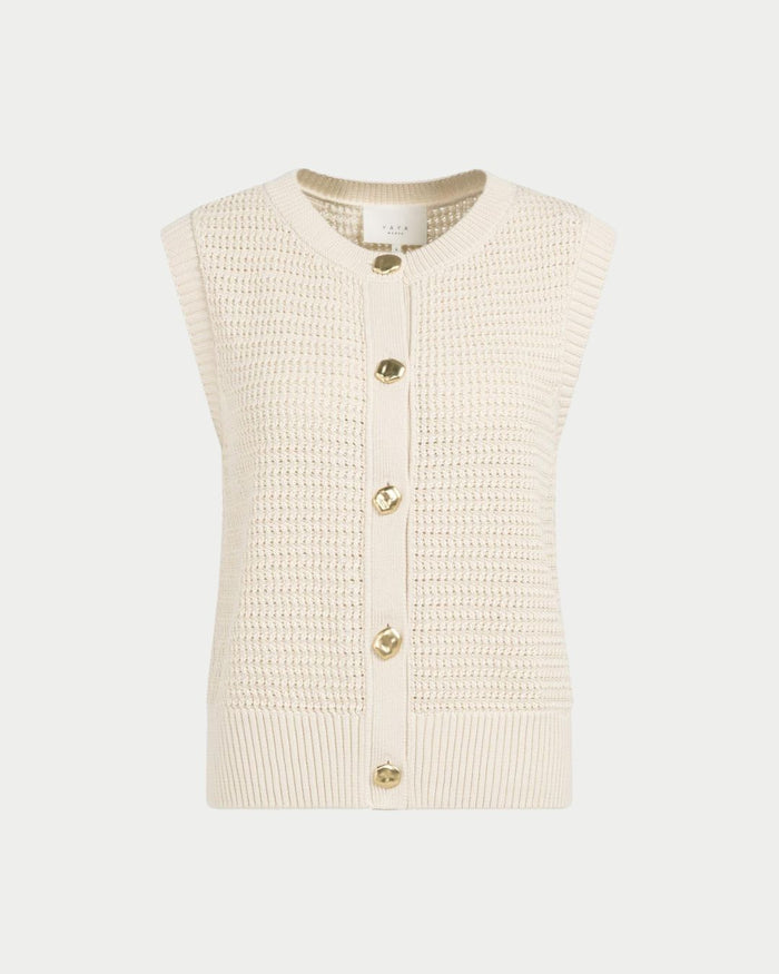 Top in cardigan smanicato in maglia bouclé con bottoni dorati