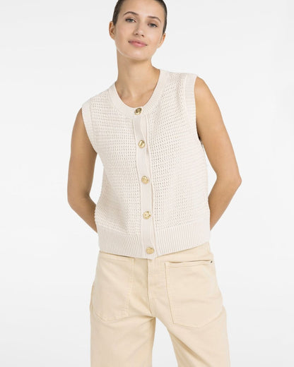 Top in cardigan smanicato in maglia bouclé con bottoni dorati