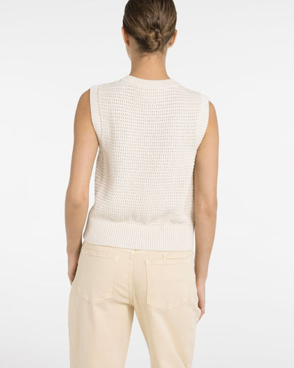 Top in cardigan smanicato in maglia bouclé con bottoni dorati