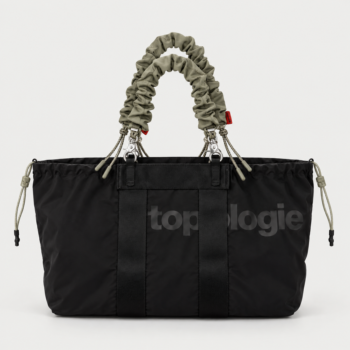 Borsa Summit Tote Wide Medium Black Tech Sateen con due Bungee Wrist Strap Moss