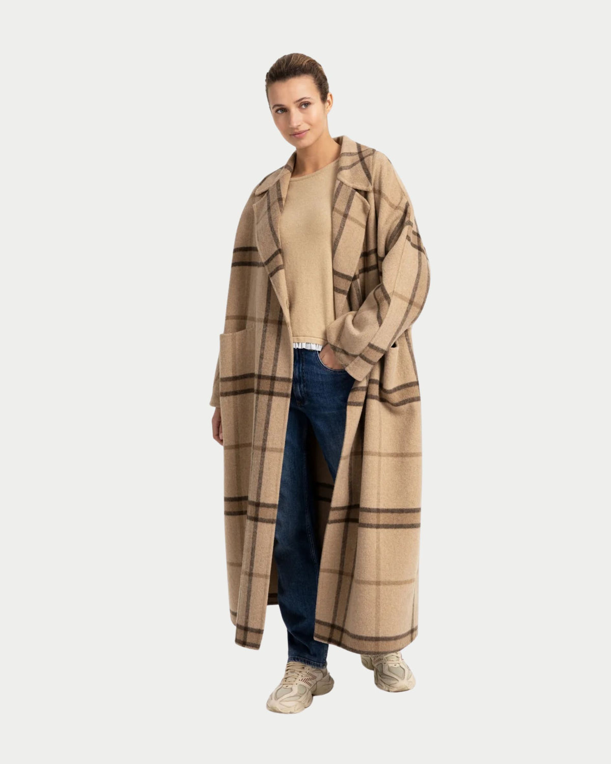 Cappotto lungo a quadri in misto lana intrecciata