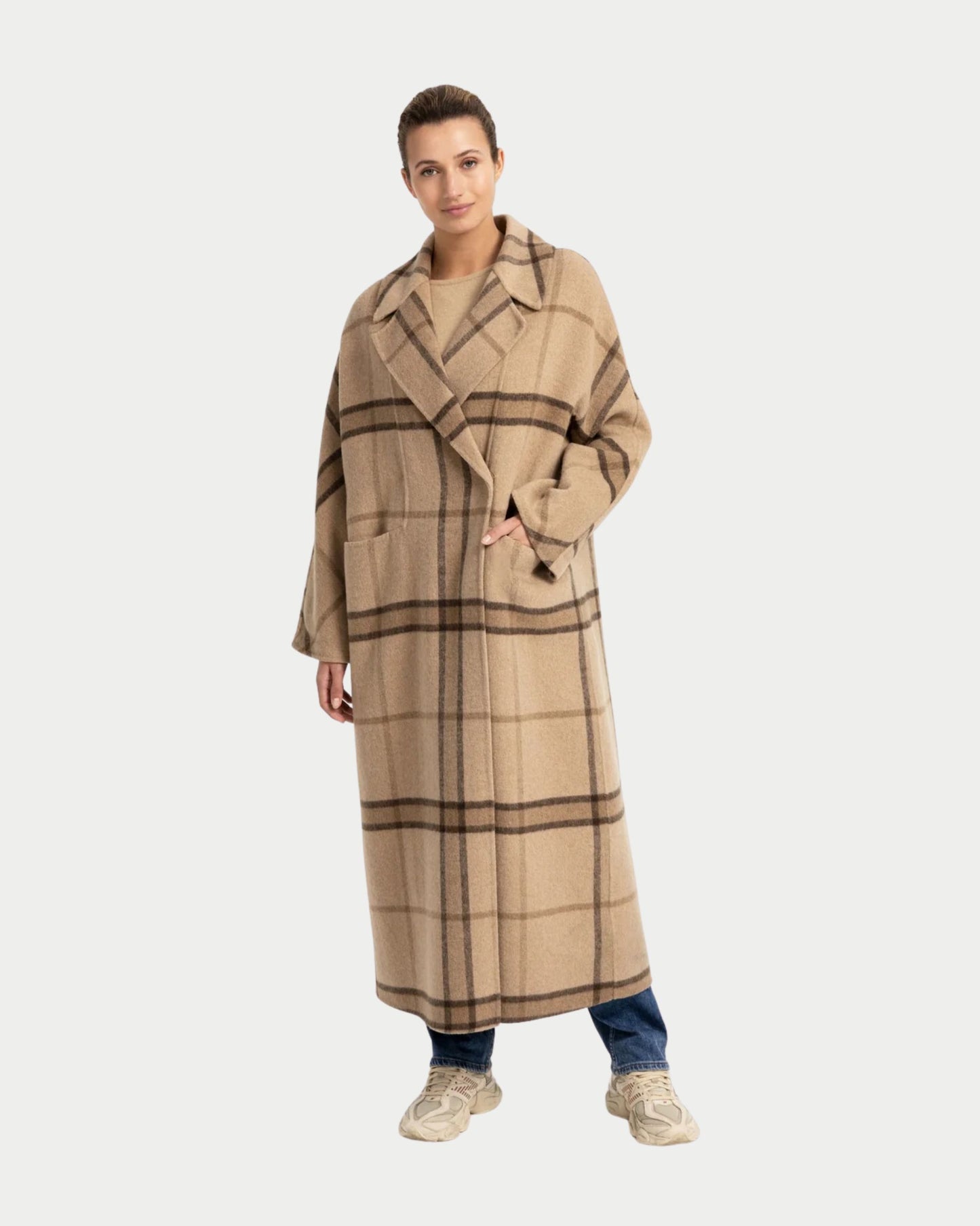 Cappotto lungo a quadri in misto lana intrecciata