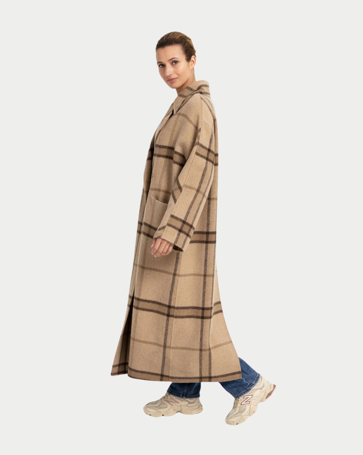 Cappotto lungo a quadri in misto lana intrecciata